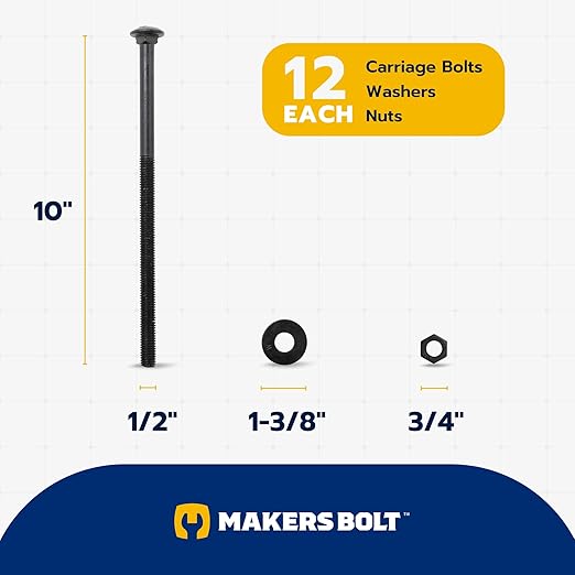 1/2 in. x 10 in. Black Carriage Bolt Kit Includes 12 Bolts, 12 Washers, and 12 Nuts, Ceramic Black Ruspert Coated for Exterior Use - 2X Rust Resistance of Galvanized by Makers Bolt