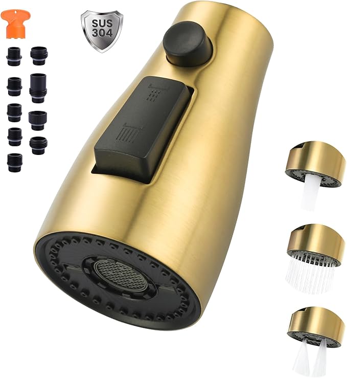 Metal Kitchen Faucet Head Replacement: 3-Function Pull Down Spray Nozzle with 9 Adapters, Sink Sprayer Replacement Compatible with Moen, Delta, Kohler, American Standard Faucets, Brushed Gold