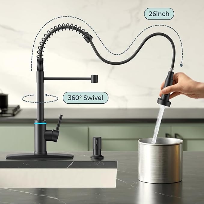 Smart Touch On Kitchen Faucet, 3 Modes Pull Down Sprayer, Touch On Sensor Activated, LED Temperature Control, 360-Degree Rotation, 1 or 3 Hole Deck Plate. 10-Year Warranty. (KW-66R, Matt Black)