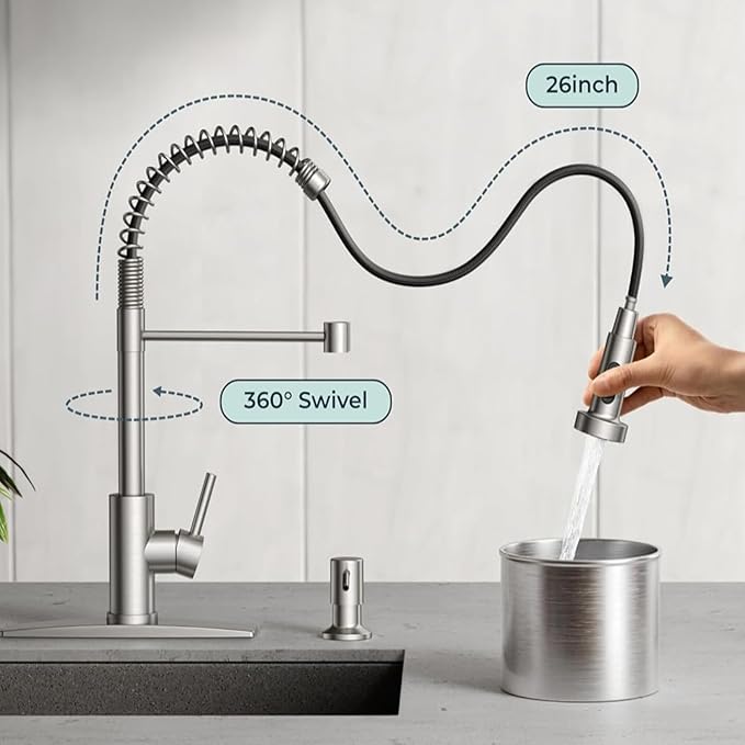 Touch On Kitchen Faucet, 3 Modes Pull Down Sprayer, Ceramic Valve, 360-Degree Rotation. (Touch-On (KW-62), Brushed Nickel)