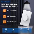 ELEGRP Digital Rotating Dimmer Switch for Dimmable LED, CFL and Incandescent Light Lamp Bulbs, Single Pole / 3-Way Rotary Dimmer Switch, Wall Plate Included, UL Listed (6 Pack, Matte White)
