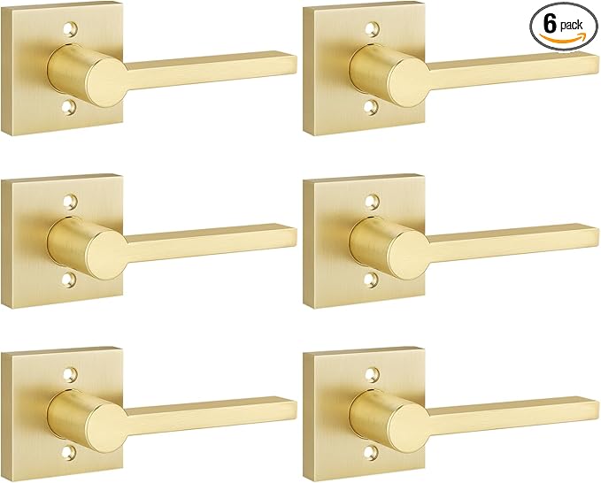 EHOMEWARE 6 Pack Satin Brass Dummy Door Handle, Gold Interior Door Lever for Pull or Push Only, Heavy Duty Single Sided Door Handles for French or Closet Doors