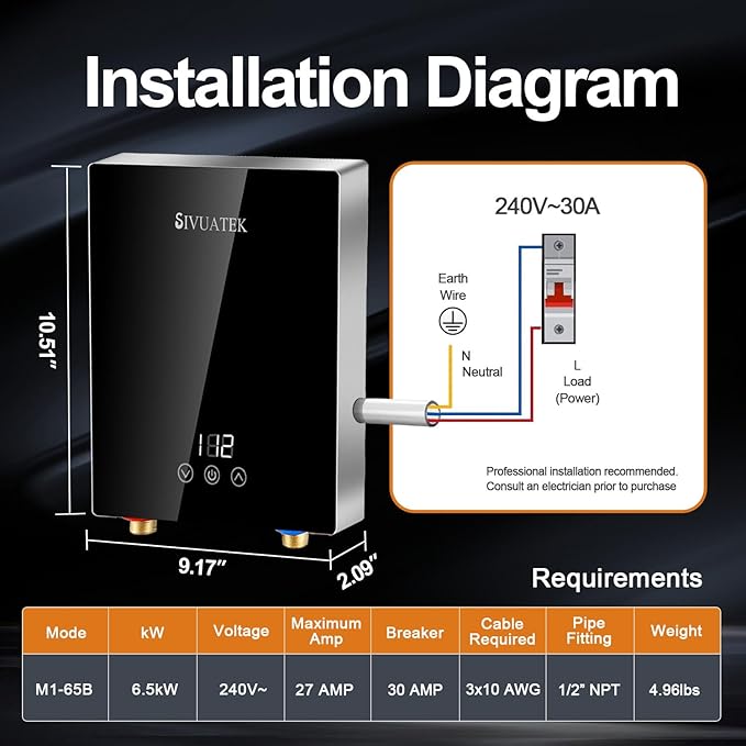 Electric Tankless Water Heater,SIVUATEK 6.5KW 240V, Compact Instant Hot Water Heater, Perfect for Under Sink, Bathroom Sink and Faucet, Space-Saving, Touch Control with LED Digital Display