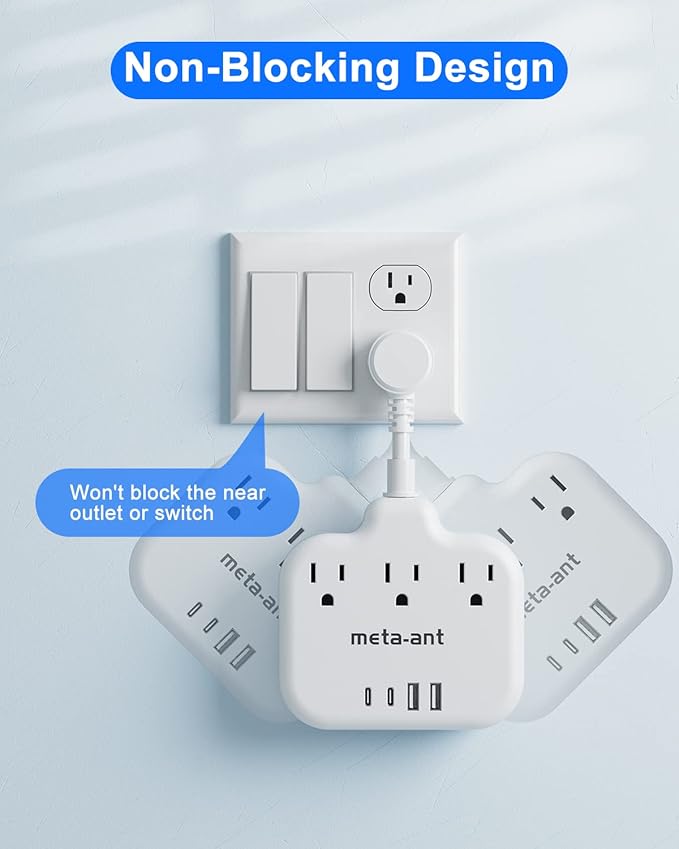 Short Extension Cord 2 inch, Short Cord Power Strip with 3 Outlets 4 USB(2 USB-C) 17W, Flat Outlet Extender, Non-Blocking, Non-Surge Protection for Cruise Travel Dorm Kitchen Bathroom, White