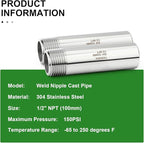 TAISHER 2PCS 304 Stainless Steel Pipe Fittings, 1/2" NPT Male Threaded, 4" Length Weld Nipple Cast Pipe