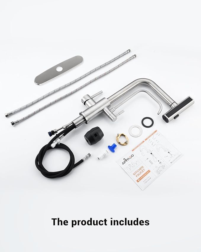 APPASO Waterfall Kitchen Faucet with Water Filter, 2 Handle Kitchen Sink Faucet, Brushed Nickel Kitchen Faucet with Pull Down Sprayer - 3 in 1 Kitchen Sink Faucet (Without Water Filtration Device)