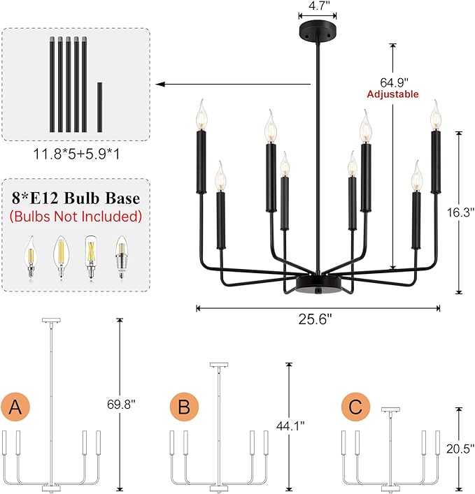 Qamra Farmhouse Black Chandelier for Dining Room, 8-Light Modern Candle Chandelier Light Fixture, Rustic Industrial Hanging Chandeliers Lighting for Living Room, Kitchen, Staircase, Entryway, Foyer