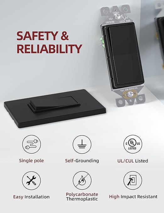 AIDA Matte Black Single Pole Decorator Light Switch, 15Amp, 120/277V, Decorative Paddle Rocker Switch Replacement, Electrical Wall Switch,Residential/Commercial Grade, UL/CUL (50 Pack)