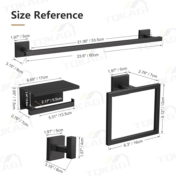 TQKAG 5-Pieces Matte Black Bathroom Hardware Accessories Set 23.6" SUS304 Stainless Steel Towel Bar Set Wall Mounted Square Toilet Paper Holder with Shelf