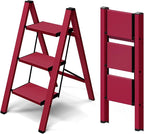 Taranta 3 Step Ladder,Aluminum Lightweight Folding 3 Step Stool with Anti-Slip Wide Pedal,330lbs Capacity Step Ladder for Household,Kitchen,Office - Red