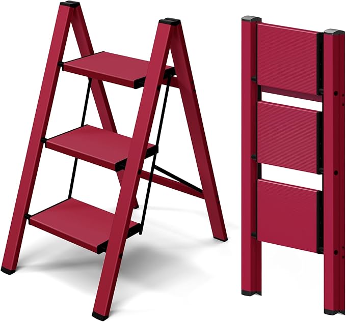 Taranta 3 Step Ladder,Aluminum Lightweight Folding 3 Step Stool with Anti-Slip Wide Pedal,330lbs Capacity Step Ladder for Household,Kitchen,Office - Red