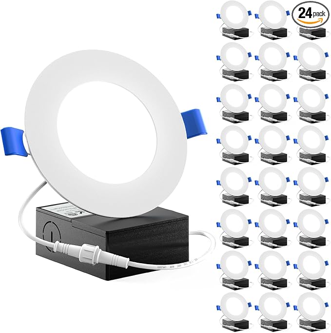 Sunco 24 Pack 4 Inch Ultra Thin LED Recessed Ceiling Lights Slim, 5000K Daylight, Dimmable 10W=60W, 650 LM, Damp Rated, Canless Wafer Thin with Junction Box - ETL & Energy Star.