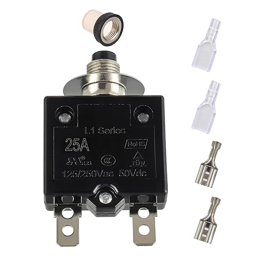 25A Manual Reset Push Button Circuit Breaker 125/250V AC 50V DC Thermal Overload Protector with Quick Connect Terminals and Waterproof Button Caps Assortment Kit(Pack of 1 pcs)