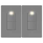 LIDER Matte Finish Lighted Double Switch with Screwless Wall Plate, Combination Frameless Decorator Switch with Locator Light, Ground Terminal Single Pole, 15A 120V, UL Listed, Gray, 2 Pack
