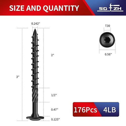 #14 x 3 Inch Lag Screws (176Pcs) 4lb. Structural Wood Screw, Black, Carbon Steel, Washer Head, Rust Resistant epoxy Coated, T30 Star Bit