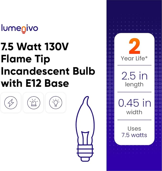 lumenivo 7.5 Watt Light Bulbs 120V/130V Bent Tip Candelabra, Flame Tip Chandelier Bulbs, Flame Shaped Light Bulbs Standard Base – Replacement Christmas Candle Tip Incandescent E12 Bulbs – 2 Pack