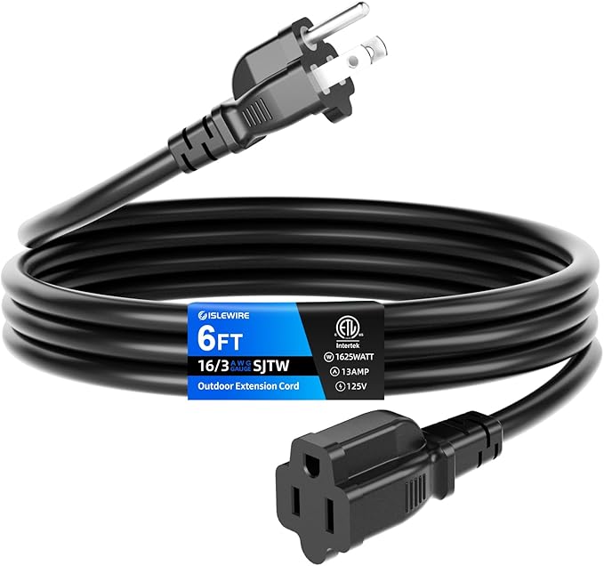 6 FT Outdoor Extension Cord Waterproof, Black, 3-Prong Power Cord, 16 AWG SJTW, 13A 1625W, Grounded, General Purpose Long Extension Cord for Lawn & Garden, ETL Listed