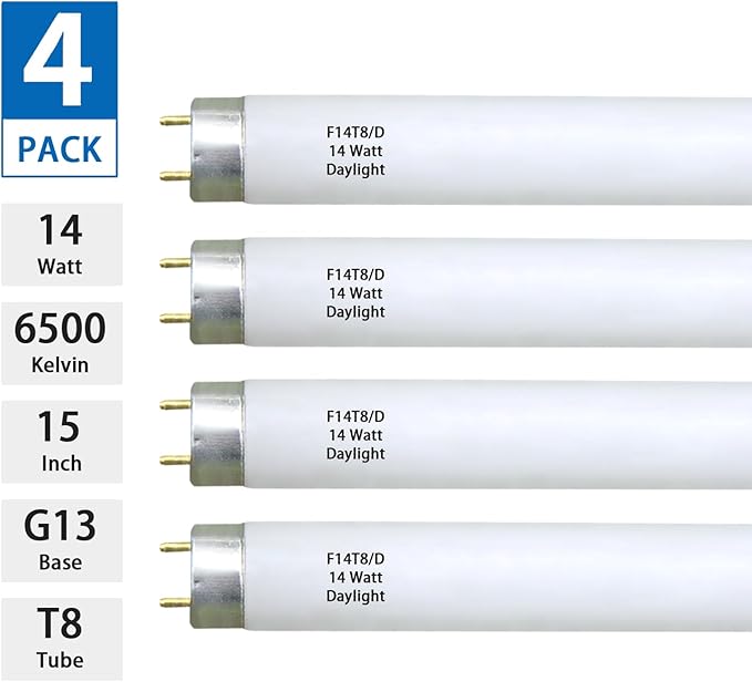 Valoisa (4PACK F14T8/D 14W 15" T8 6500K Linear Fluorescent Tube Light Bulb, 14 Watts, G13 Base, 14 3/4" MOL, 1" Dia, Daylight