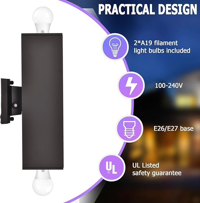 Outdoor Wall Lights with Dusk to Dawn Photocell Sensor, Exterior Light Fixture Wall Mount with A19 LED Bulbs, Up Down Outdoor Sconce Lights for House Porch Front Door 13" Height