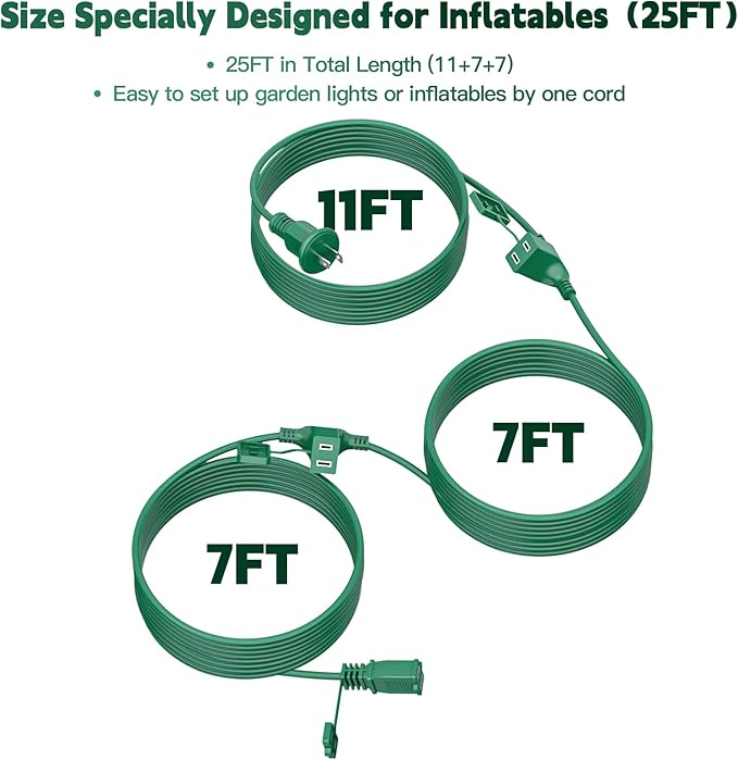 25FT Outdoor Extension Extension Cord for Halloween Christmas Inflatables with Multiple Outlets Green Electrical Cord with Multiple Plugs Outdoor Christmas Blow Up Decorations Light Extension Cords