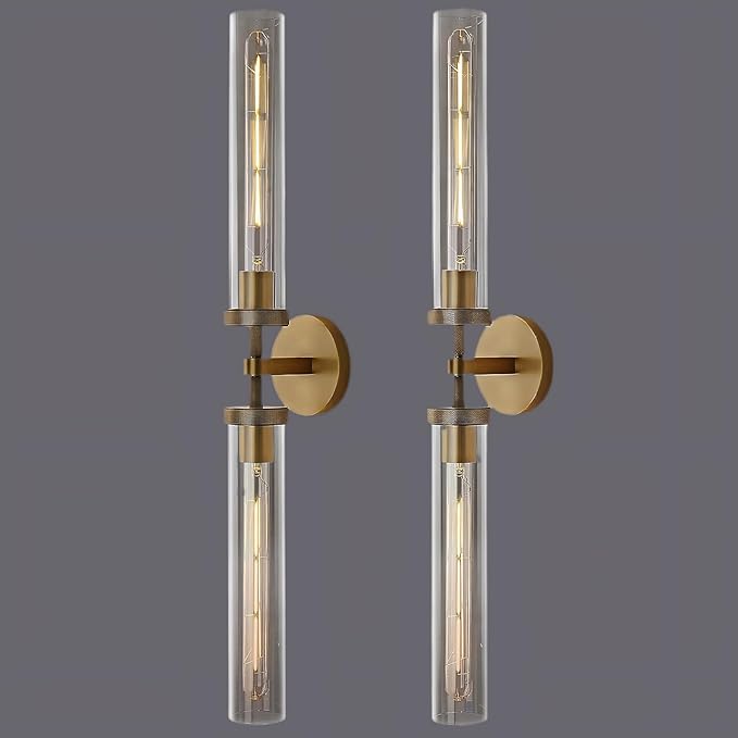 Brass Wall Sconces Set of 2, Double Lights 30" Knurled Texture Indoor Wall Light Fixtures, Bathroom Vanity Light Fixtures with Clear Glass, Modern Wall Lamp for Living Room Hallway(Bulb Included)