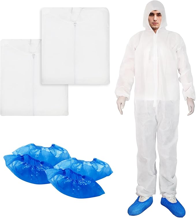 ETERNA Hazmat Suits- 2 Pack Disposable Protective Coveralls with Hood, Zipper, Elastic Wrists, Shoe Covers for Men & Women, Shield from Dirt, Dust, Paint (White, XXX-Large)