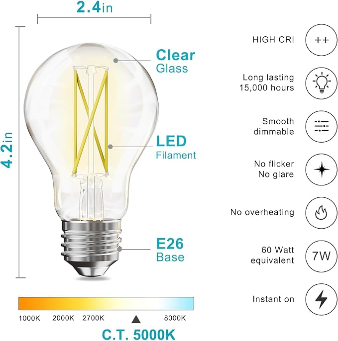 VOLIVO 24 Pack A19 Vintage LED Edison Bulbs, Dimmable, 60W Equivalent, High Brightness 5000K Daylight, Ultra-Bright, 7W E26 Standard Base, CRI80+, 800Lumens, Clear Glass Filament Bulb for Home