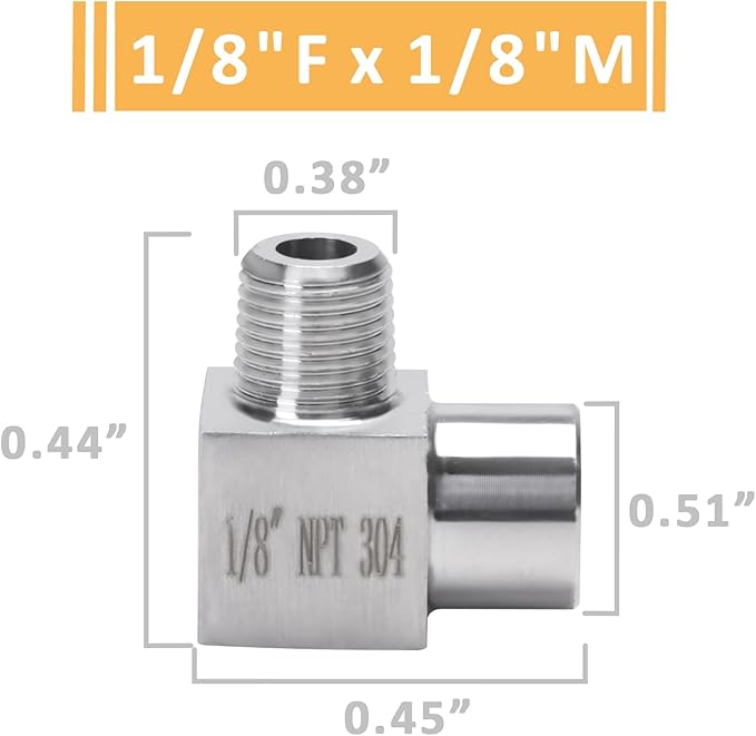 90 Degree Street Elbow - 1/8" NPT Male to 1/8" NPT Female Stainless Steel 304 Heavy Duty Forged Square Barstock Street Elbow Adapter Pipe Fitting (pack of 5)