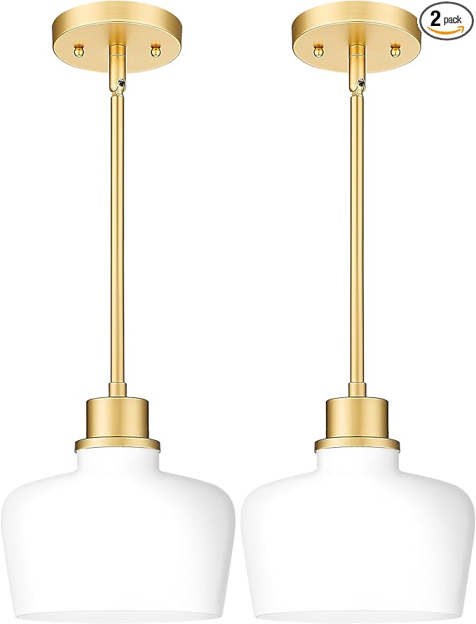 Emak 8 Inch Gold Pendant Lights Kitchen Island, 2 Pack Pendant Light Fixtures with Milk Glass Shade, Modern Hanging Lights for Kitchen Island, Bathroom, Dining Room, PL122-GD-ML-2PK