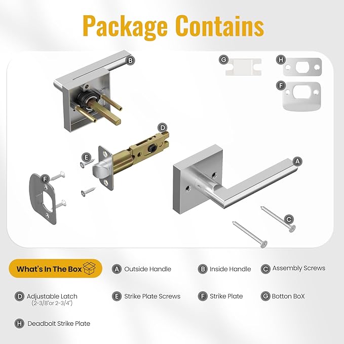 HOSOM Interior Door Levers Passage Door Handles Heavy Duty No Locking Door Handle Set for Hallway, Closet Doors, Satin Nickel Door Handle with Square Plate, 1 Pack