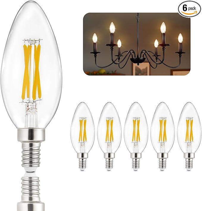 Depuley LED Light Bulbs E12: Candelabra Light Bulb 4W Candle Bulb Equivalent 40W - Edison Vintage Bulbs Warmlight 2700K C35 Clear Bulbs 500 LM 80+CRI Non-Dimmable 6-Pack