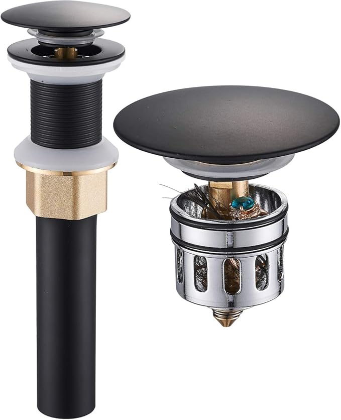 Pop Up Drain, Bathroom Faucet Vessel Vanity Sink Drain Stopper, Built-in Anti-Clogging Strainer, Without Overflow Matt Black,Fits Standard American Drain Hole(1-1/2" to 1-3/4") RWF082G