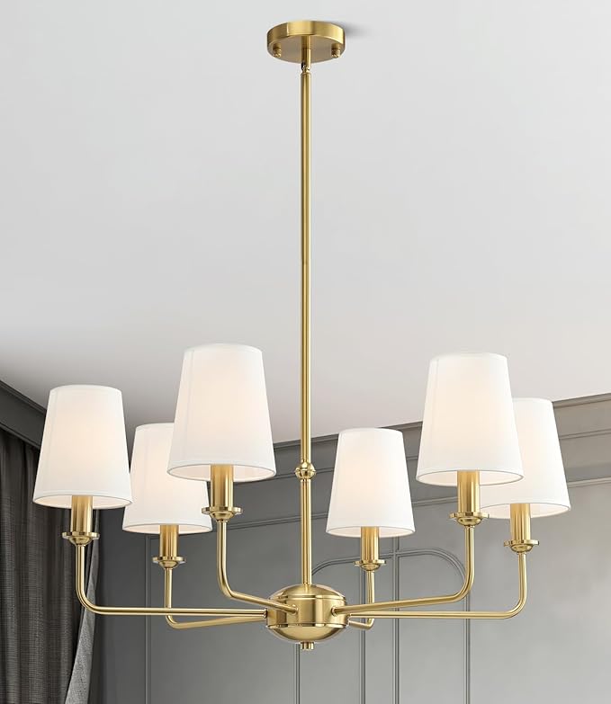 6-Light Brushed Gold Pendant Chandelier with White Linen Shades, E12 Base - Farmhouse & Industrial Style for Kitchen, Living Room, Dining Room, or Bedroom Lighting