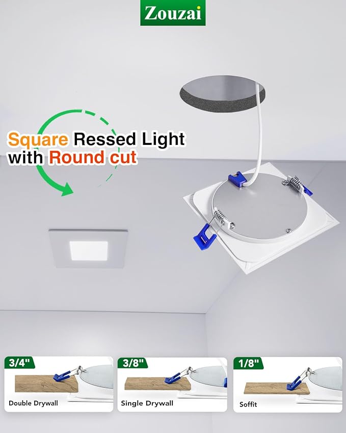 zouzai Square Led Recessed Lighting,5CCT Ultra Thin Square Led Ceiling Light with Junction Box,CRI90,2700K-5000K Selectable,Dimmable Canless Downlight,ETL and Energy Star (White 【12 Pack】, 6 Inch)