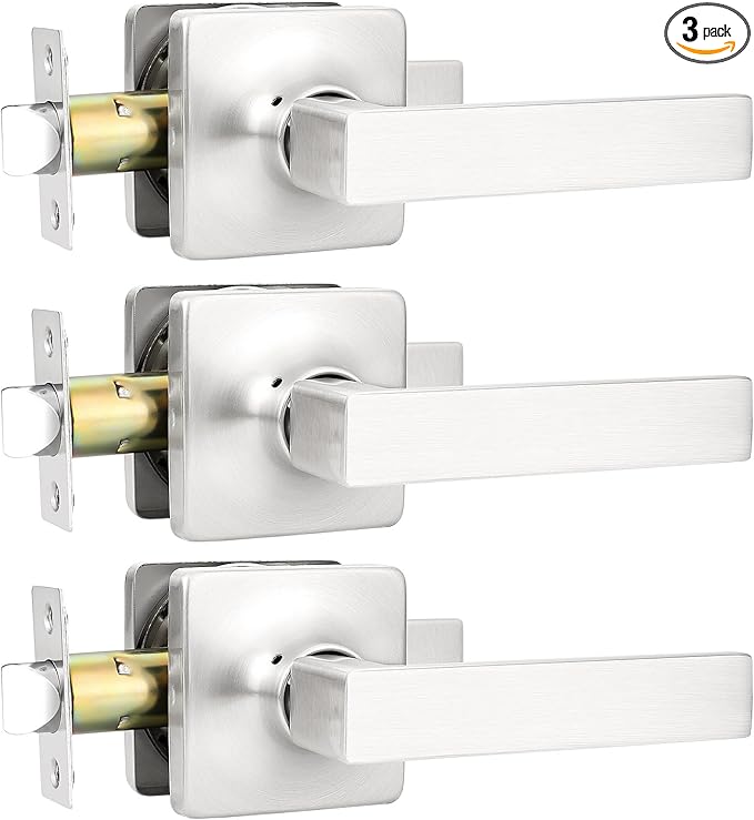 GOBEKOR 3 Pack Passage Door Levers Square Door Handles Brushed Nickel Interior Lever Door Handles for Hallway Closet Straight Keyless Door Lever