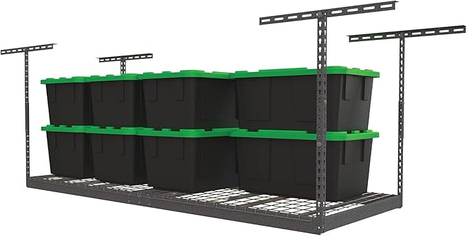 MonsterRax Overhead Garage Storage Racks 3x8’ Ceiling Mounted Shelving, Adjustable Hanging Organizer, Heavy Duty Steel, Holds 500 Pounds, Color: White, Adjustable from 24"-45" off the Ceiling