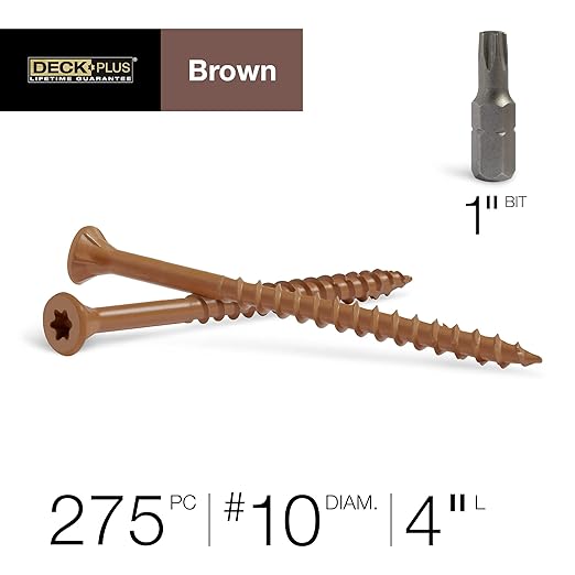Deck Plus 4 Inch Epoxy Coated Exterior Wood and Fence Screws #10 x 4 Torx/Star Drive Included Coarse Thread, Outdoor Rust Resistant Decking Screw, Brown, 5 lb Box, 215 Pieces | 49014