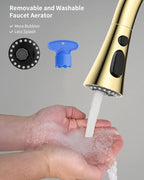 Hibbent 3-Function Pull Down Kitchen Faucet Head Replacement with 12 Adapters, NSF/ANSI/CAN 61 & CUPC Certified Sink Spray Nozzle, Compatible with Moen, Delta, Kohler Faucets, Polished Brass