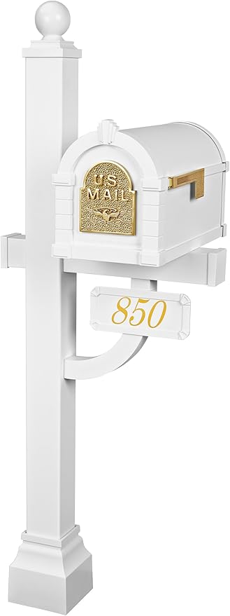 Gaines - Keystone Deluxe Post and Mailbox Package with Personalized Address Plaque and Decorative Cuff (White with Polished Brass Eagle)