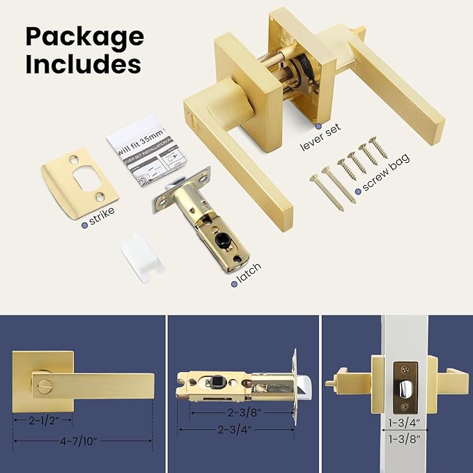 EHOMEWARE 8 Pack Door Levers Door Knobs Interior in Satin Brass Finish, Bedroom Bathroom Privacy Door Handles Interior Gold Locksets Keyless, Heavy Duty