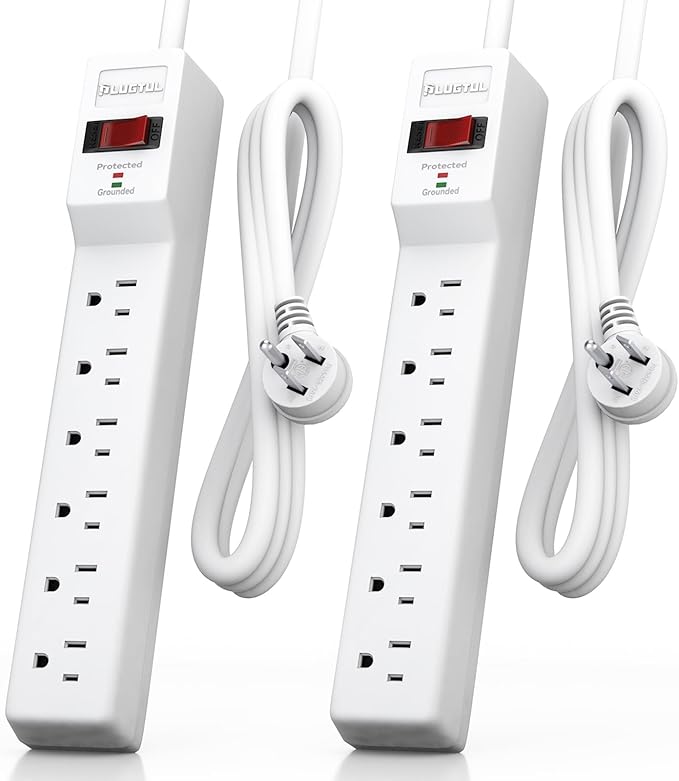 PLUGTUL 2 Pack Surge Protector (980 Joules), Flat Plug Power Strip, 4FT Extension Cord with Multiple Outlets, 6 Outlets, ETL Listed, 14 Gauge, Wall Mountable for Home Office Garage, White