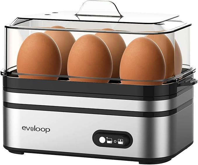 Evoloop Rapid Egg Cooker Electric 6 Eggs Capacity, Soft, Medium, Hard Boiled, Poacher, Omelet Maker Egg Poacher With Auto Shut-Off, BPA Free