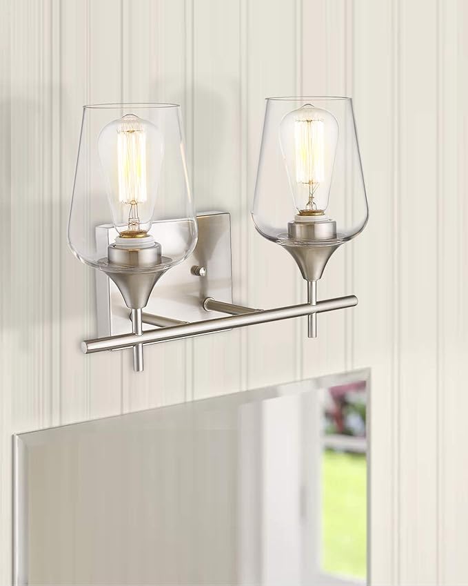 2 Lights Bathroom Light Fixture, 15 Inch Brushed Nickel Bathroom Vanity Lights Over Mirror, Modern Farmhouse Bath Wall Sconce Light with Clear Glass, WL9167-2C