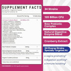 Probiotics for Women, 120 Billion CFU 34 Strains, Prebiotics, Digestive Enzymes, Cranberry, 4-in-1 Feminine Probiotic, Digestive, Vaginal, Immune Support, 30ct
