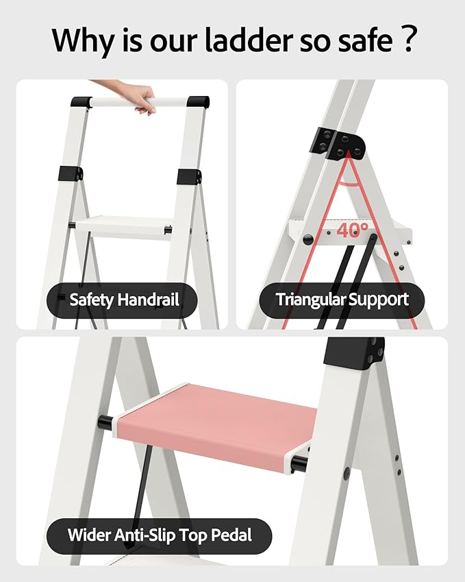 Taranta 4 Step Ladder, Lightweight Aluminum Step Stool with Convenient Handgrip, Folding Ladder with Anti-Slip Pedals, 330lbs Capacity Stepladder for Home, Office, Kitchen - White