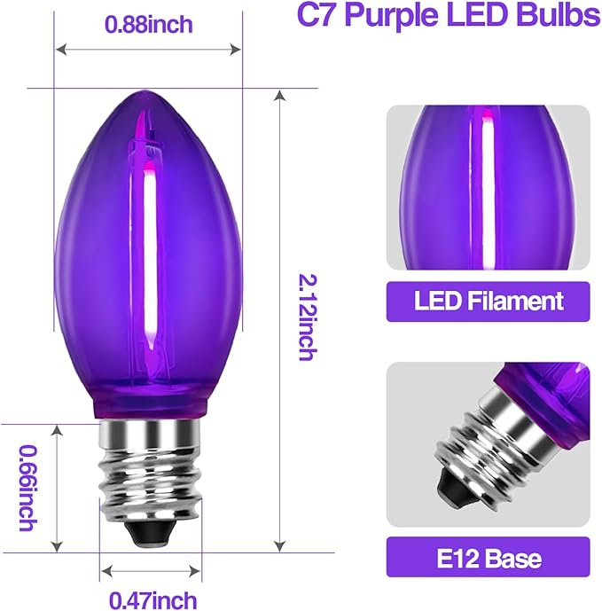 25 Pack C7 Replacement Bulbs, Dark Purple LED Halloween Light Bulbs, E12 Candelabra Base for Christmas Thanksgiving Xmas Tree Holiday Patio Outdoor String Lights Decor