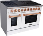 Akicon 48 Inch Freestanding Gas Range - 6.7 cu. ft. Double Rapid Convection Oven - Gas Stove with 8 Sealed Burners & a Griddle, Heavy Duty Cast Iron Grates (White & Copper)