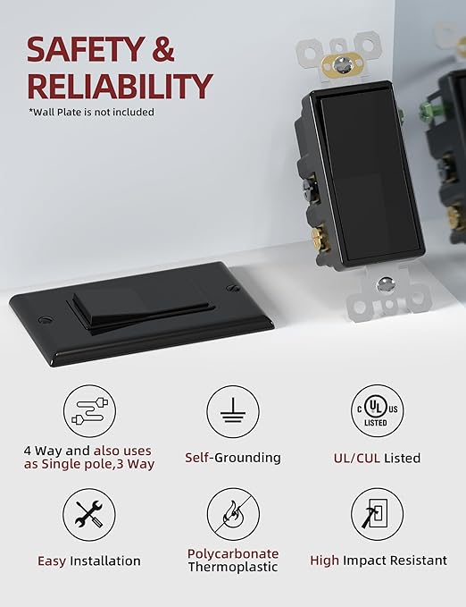 AIDA 4 Way Decorative Light Switch, 15Amp, 120/277 Volt, AC Decorator Rocker Wall Switch Replacement, Self-Grounding, Residential and Commercial Grade, UL Listed (10 Pack, Glossy Black)