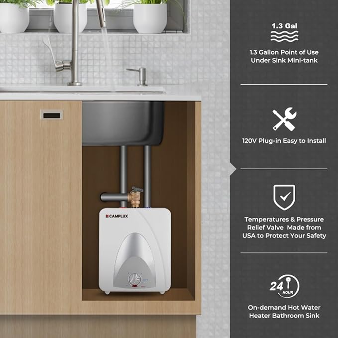 CAMPLUX Electric Small Hot Water Heater, 1.3 Gallon Point of Use Hot Water Heaters 120V 1440W, Under Sink, Wall or Floor Mounted, Easy to Install