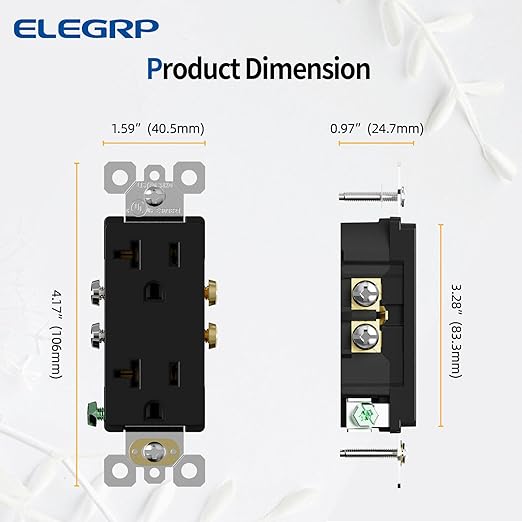 ELEGRP Glossy Black Decorator Electrical Wall Outlet Receptacle, 20A 125V Standard Outlets, 2 Pole 3 Wire, Non-Tamper Resistant, NEMA 5-20R, Self-Grounding Wall Outlet, UL Listed, 10 Pack